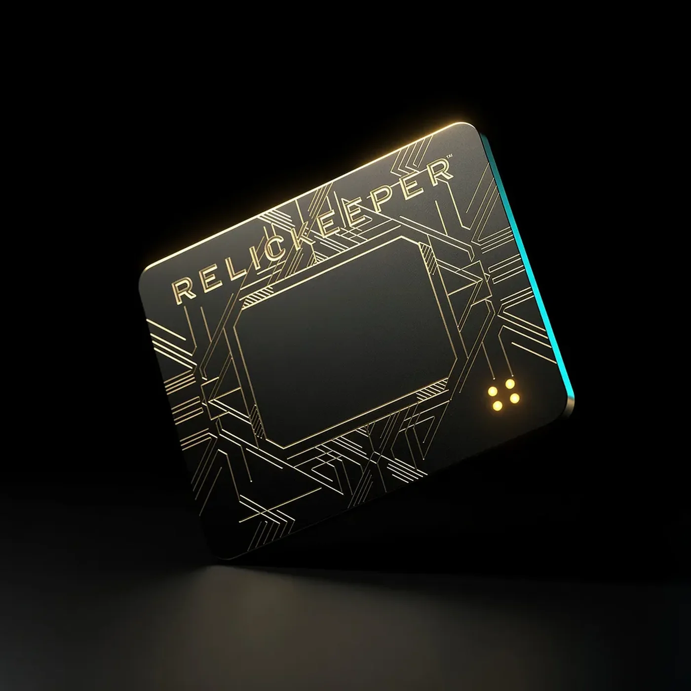 The RELICKEEPER card in engraved black metal, two gold LEDs