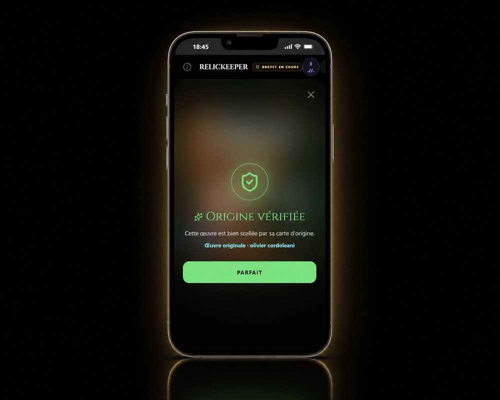 Écran « Origine vérifiée » de l'application RELICKEEPER